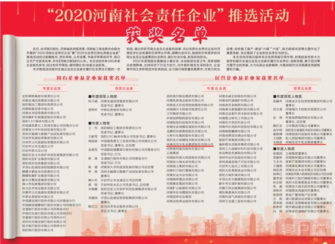 荣誉 | 荣耀网页版_荣耀（中国）乳业集团斩获“2020河南社会责任企业”推选活动两项大奖